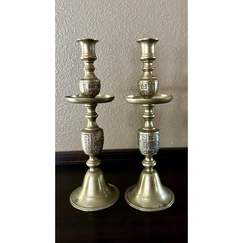 Vintage 1950s MCM Hollywood Regency James Mont Candlestick Pair Solid Brass